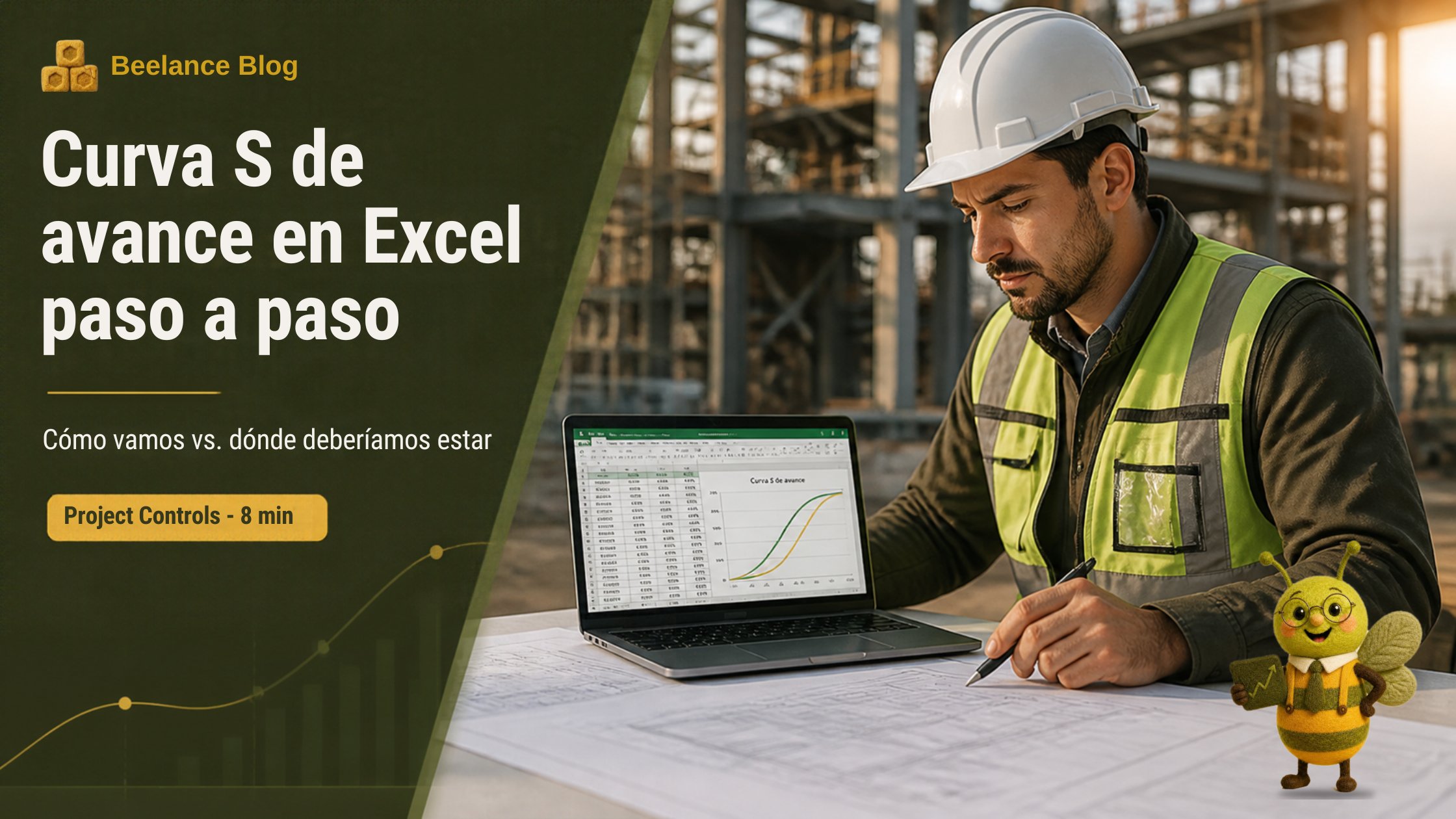 Planner en obra revisando la curva S de avance en Excel, con la abeja de Beelance