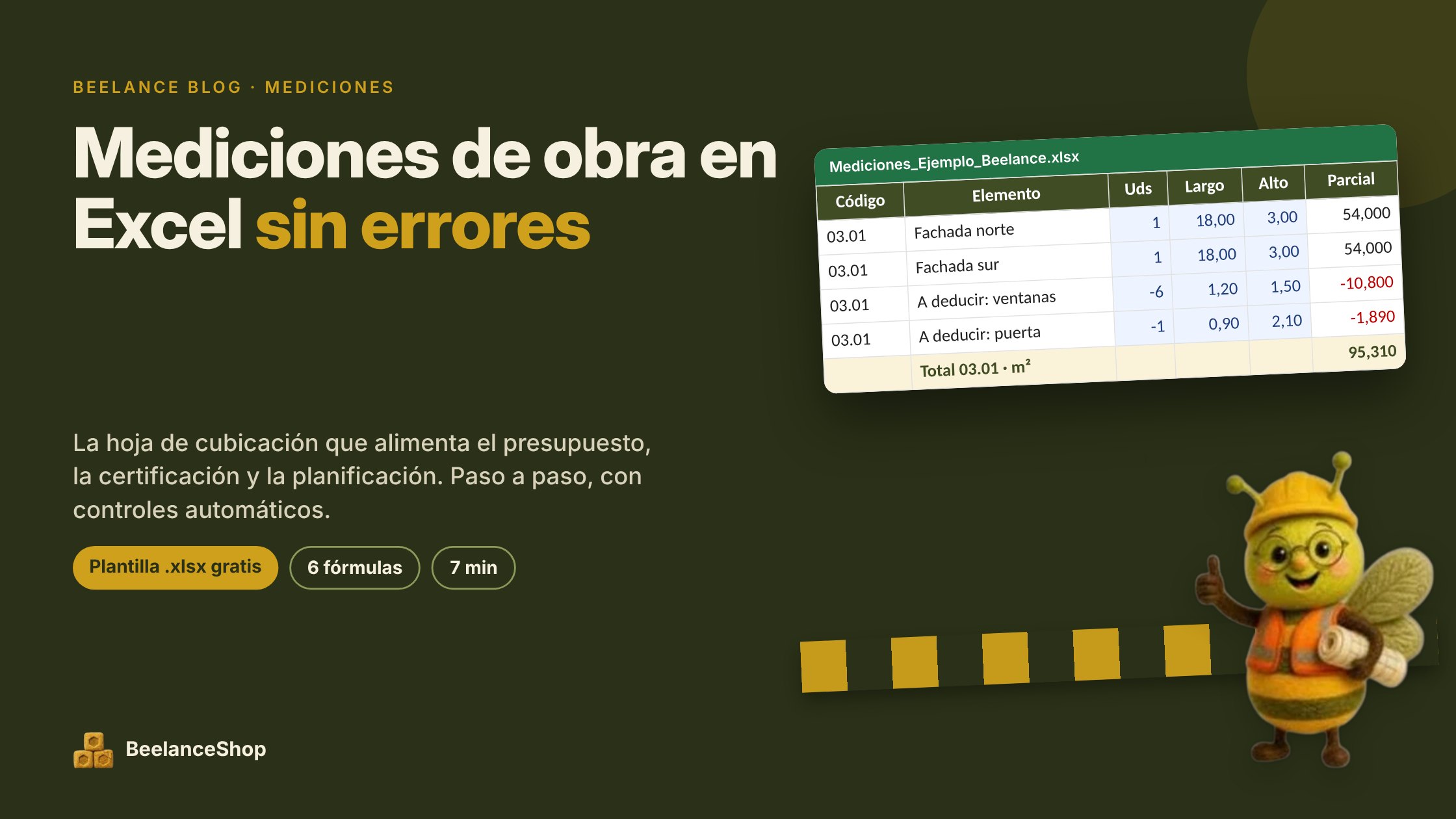 Hoja de mediciones en Excel con deducciones de huecos y la abeja de Beelance con casco y planos